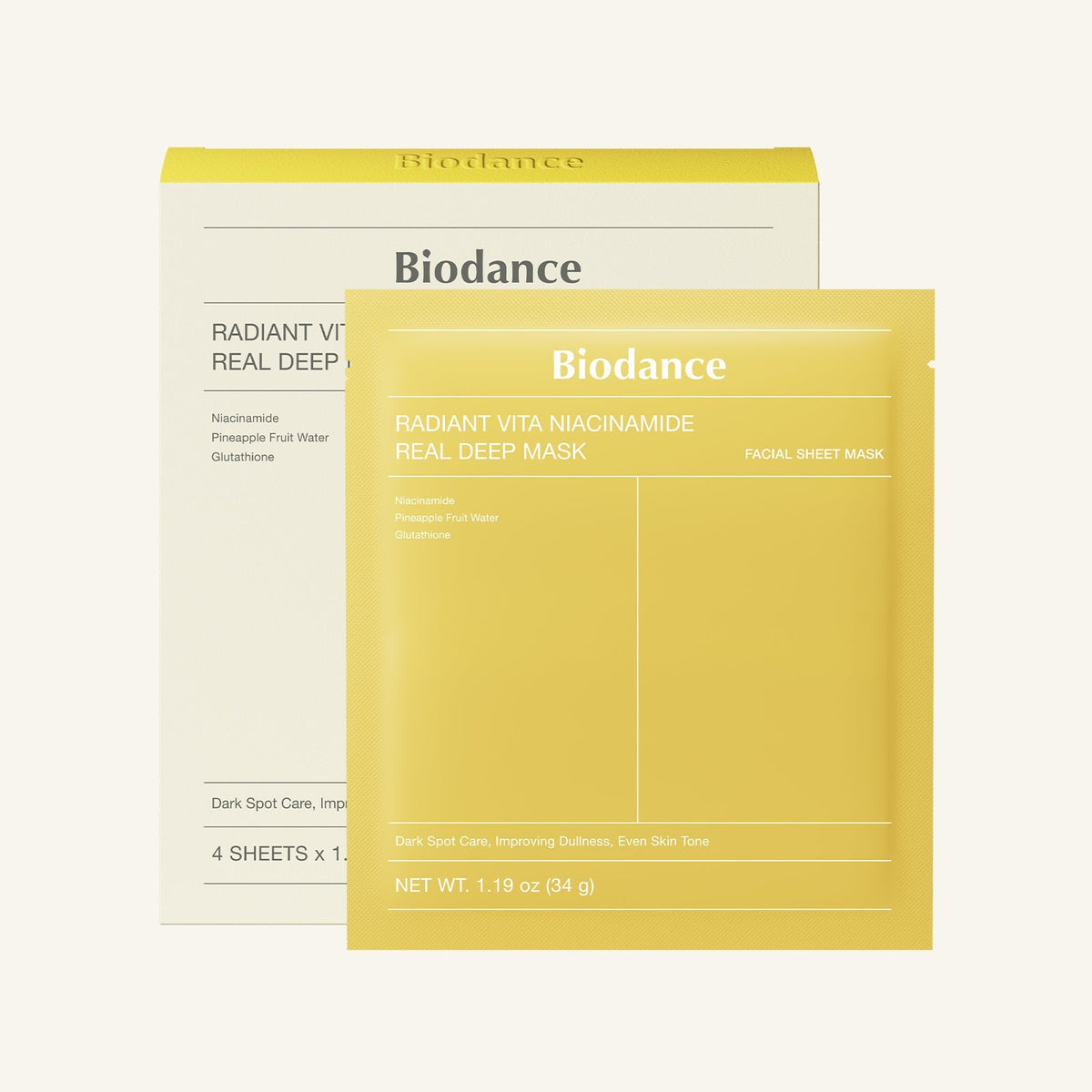 BIODANCE Radiant Vita Niacinamide Real Deep Mask skaistinamosios kaukės, 4 vnt. × 34 g
