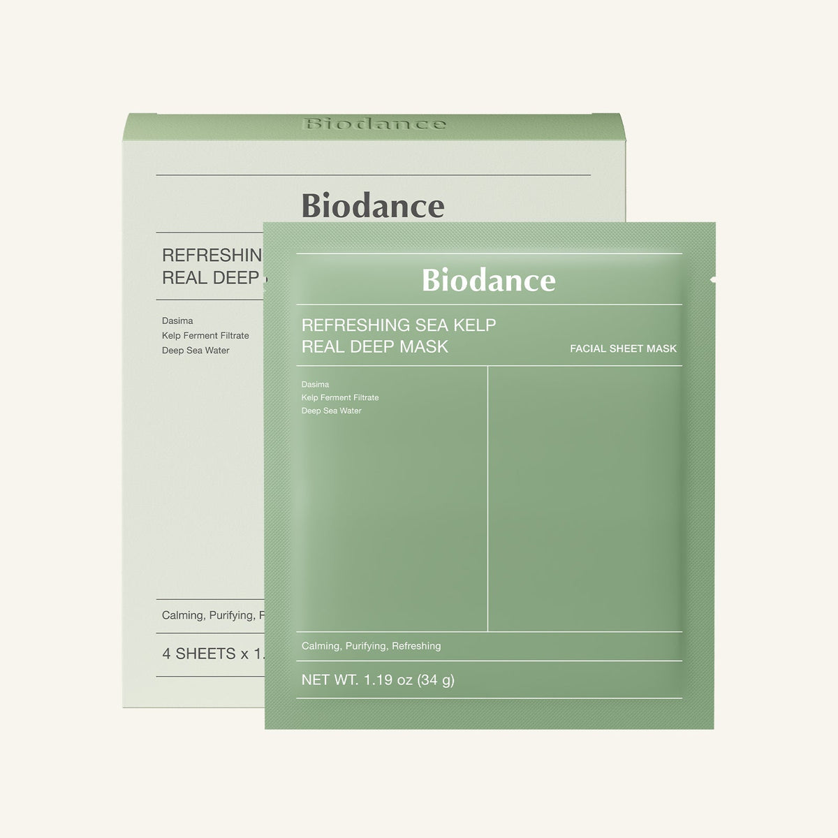 BIODANCE Refreshing Sea Kelp Real Deep Mask raminamosios kaukės riebiai odai, 4 vnt. × 34 g