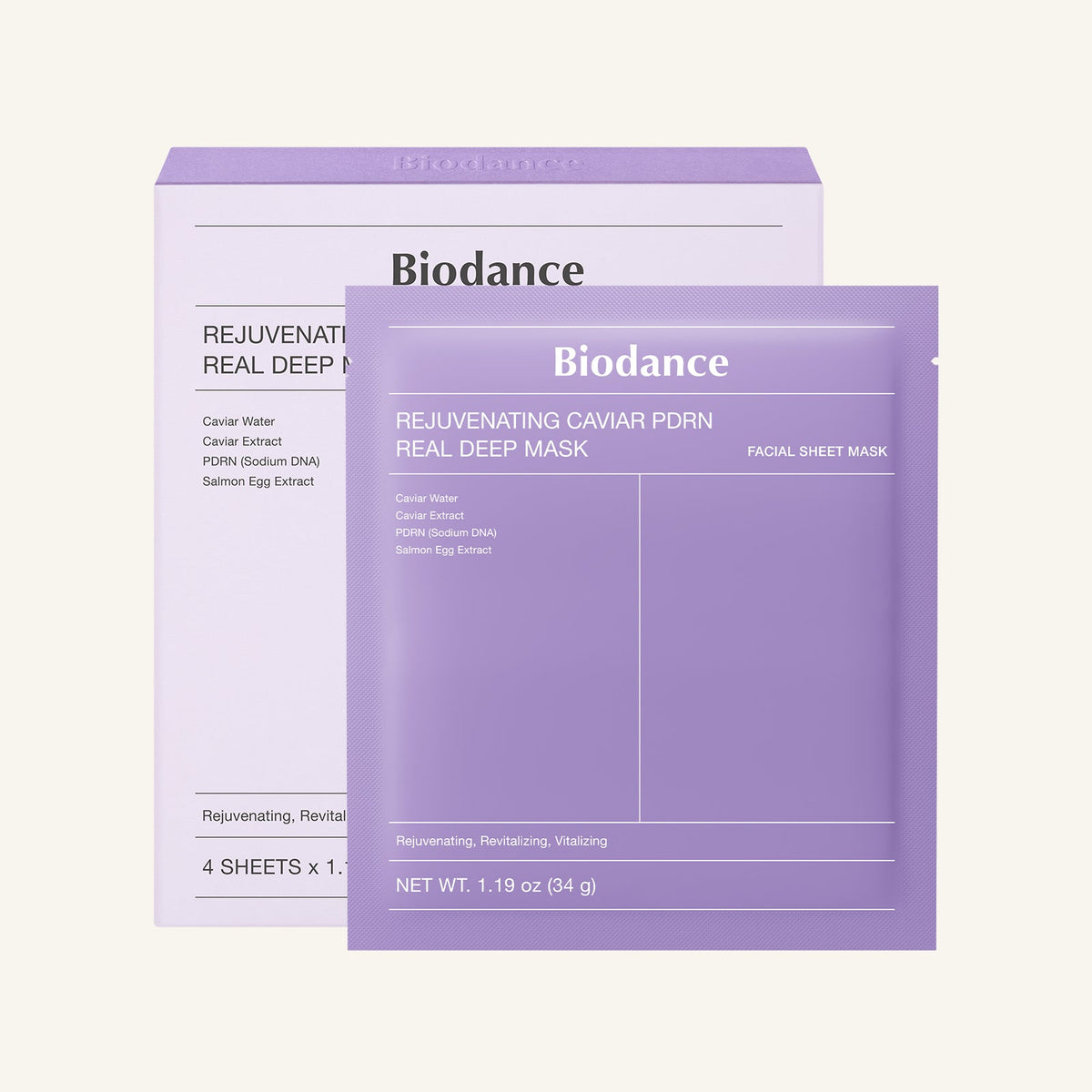 BIODANCE Rejuvenating Caviar PDRN Real Deep Mask atjauninamosios kaukės, 4 vnt. × 34 g